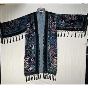 ETHOS Silk Rayon Burnout Velvet Kimono Duster Beaded Fringe Floral Blue Med Vtg